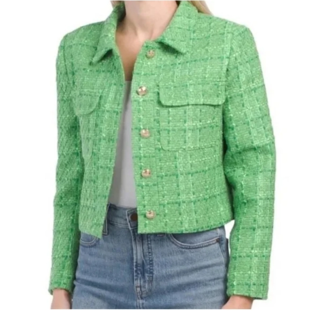 Rachel Zoe Blazer Green Solid Boucle Tweed Cropped Jacket.